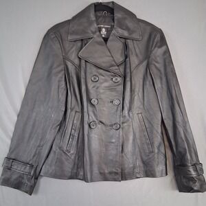 NEW YORK & COMPANY Women's Black Genuine Leather Double Breasted Jacket L